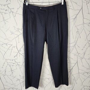 Canali Navy Pinstripe 100% Wool Pleated Front Trousers